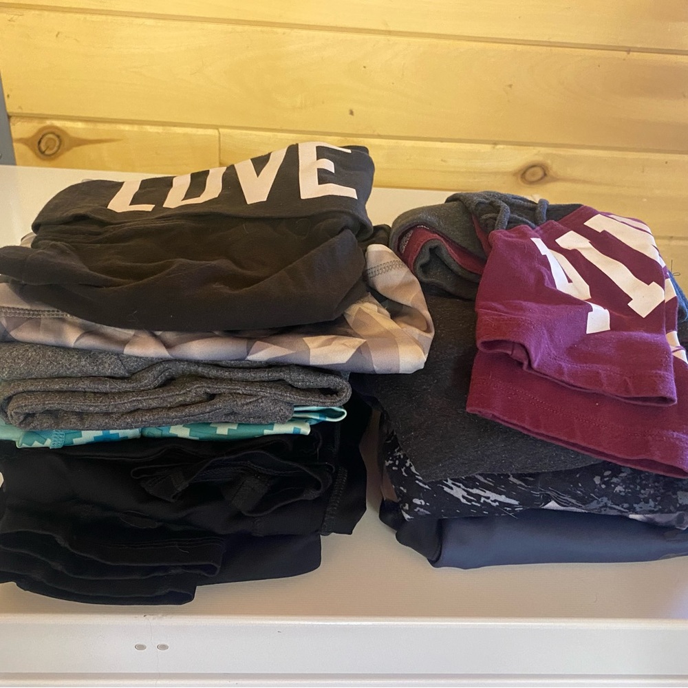 Several pair of leggings, crop leggings and shorts. Under armour, VS, Etc.